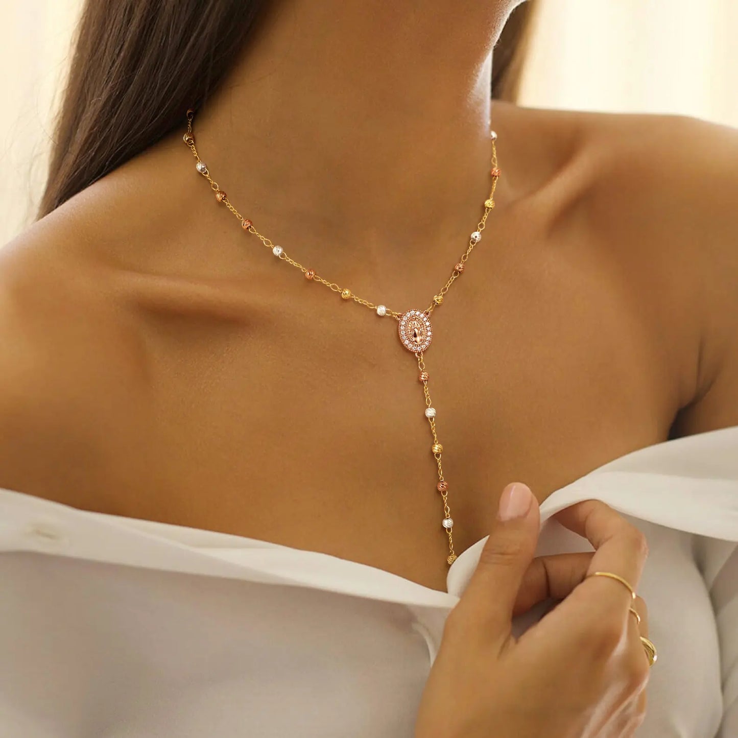 Gold Virgin Mary Necklace with Cross Dainty Y Chain Faith Jewelry Gift For Women Elegant Design Long Versatile Use For Easter HNXL0032