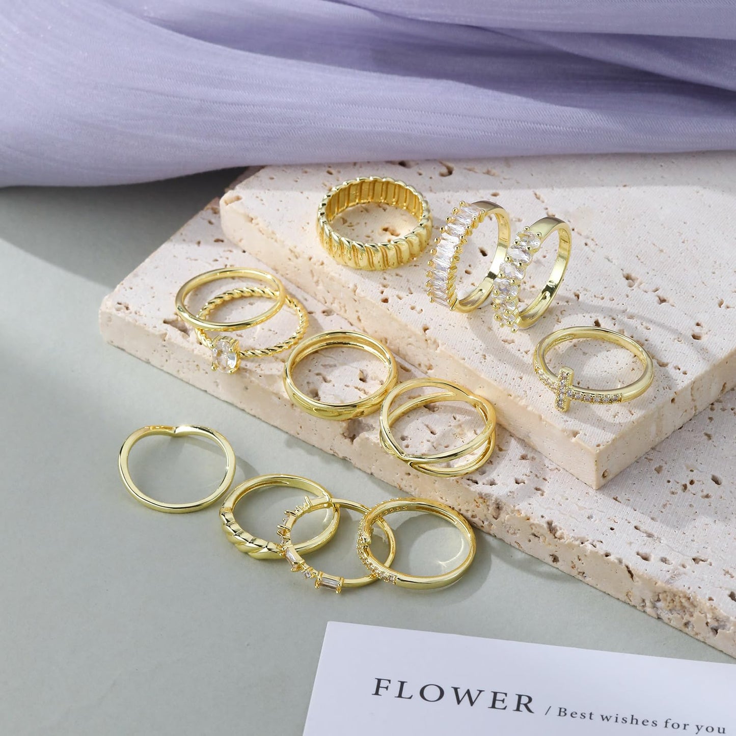 Gold-Tone 12-Piece Ring Set for Women: Versatile Mix & Match Styles with Zircon & Stripped Design - Chic Everyday Jewelry HNJZ0005