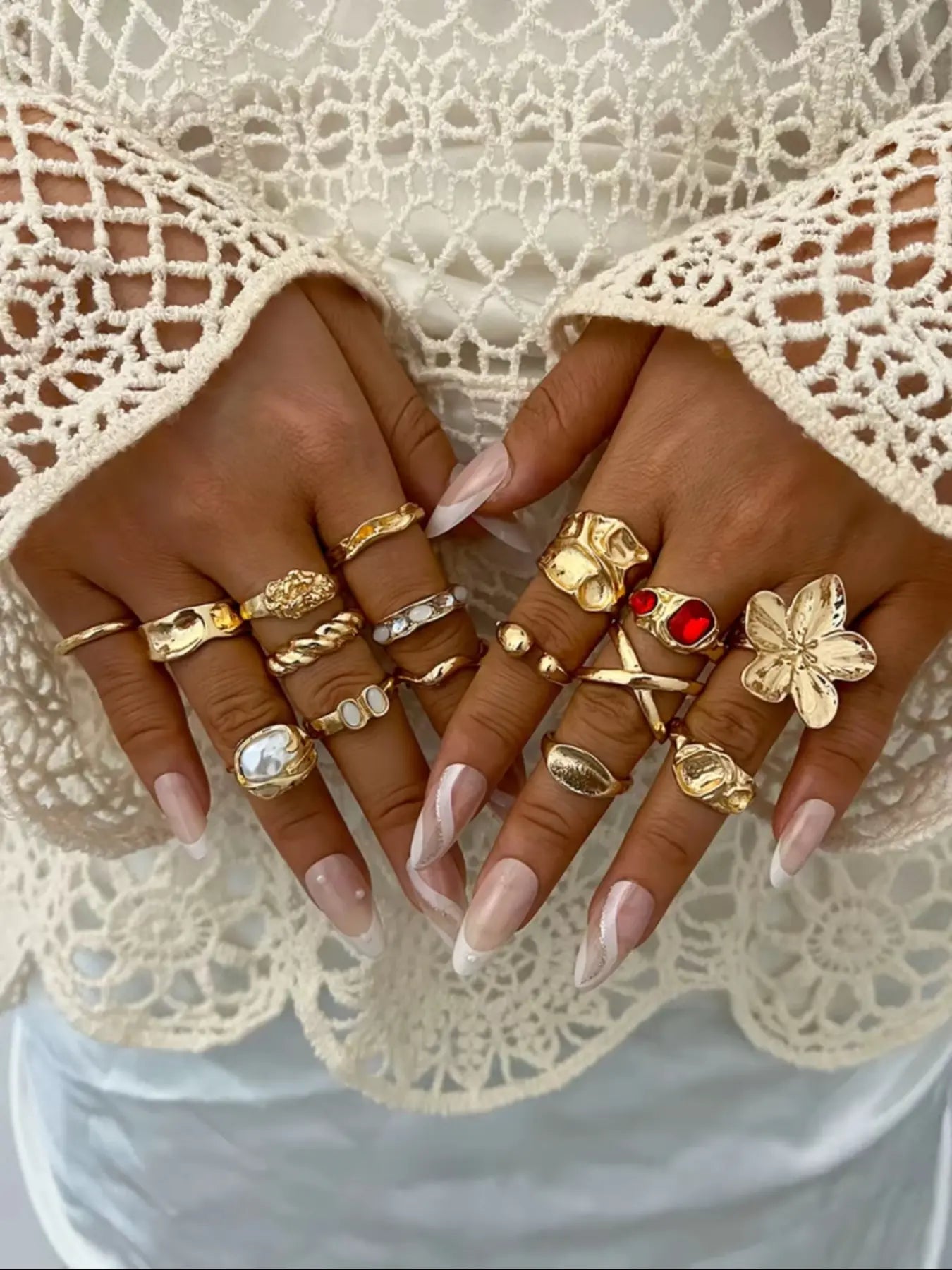 Mother's Day Gift Elegant Floral Imitation Pearl Ring Set, Zinc Alloy Wide Band Women's Rings, Statement Multi Ring, All-Season Jewelry Gift for Parties & Birthdays HNJZ0007