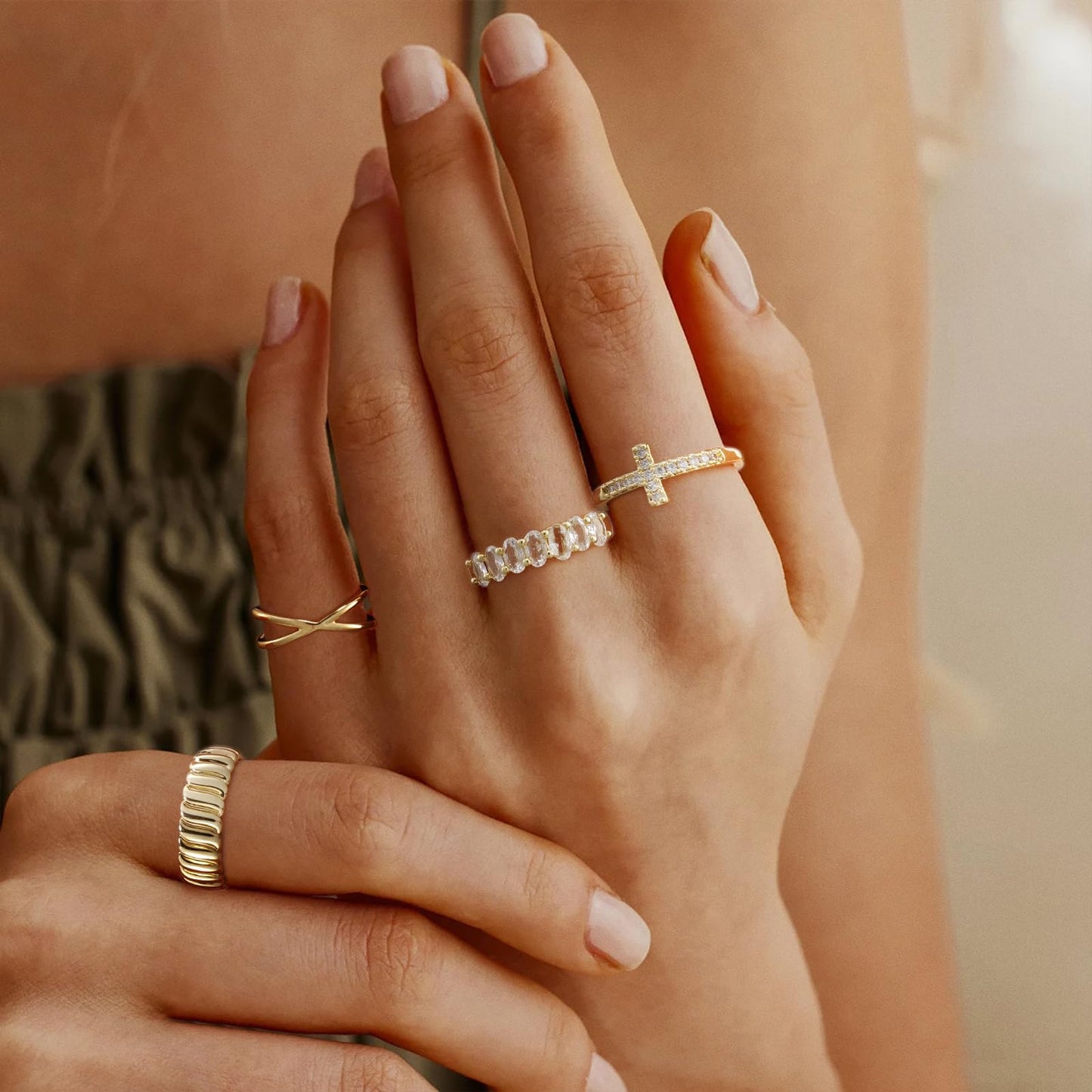 Gold-Tone 12-Piece Ring Set for Women: Versatile Mix & Match Styles with Zircon & Stripped Design - Chic Everyday Jewelry HNJZ0005