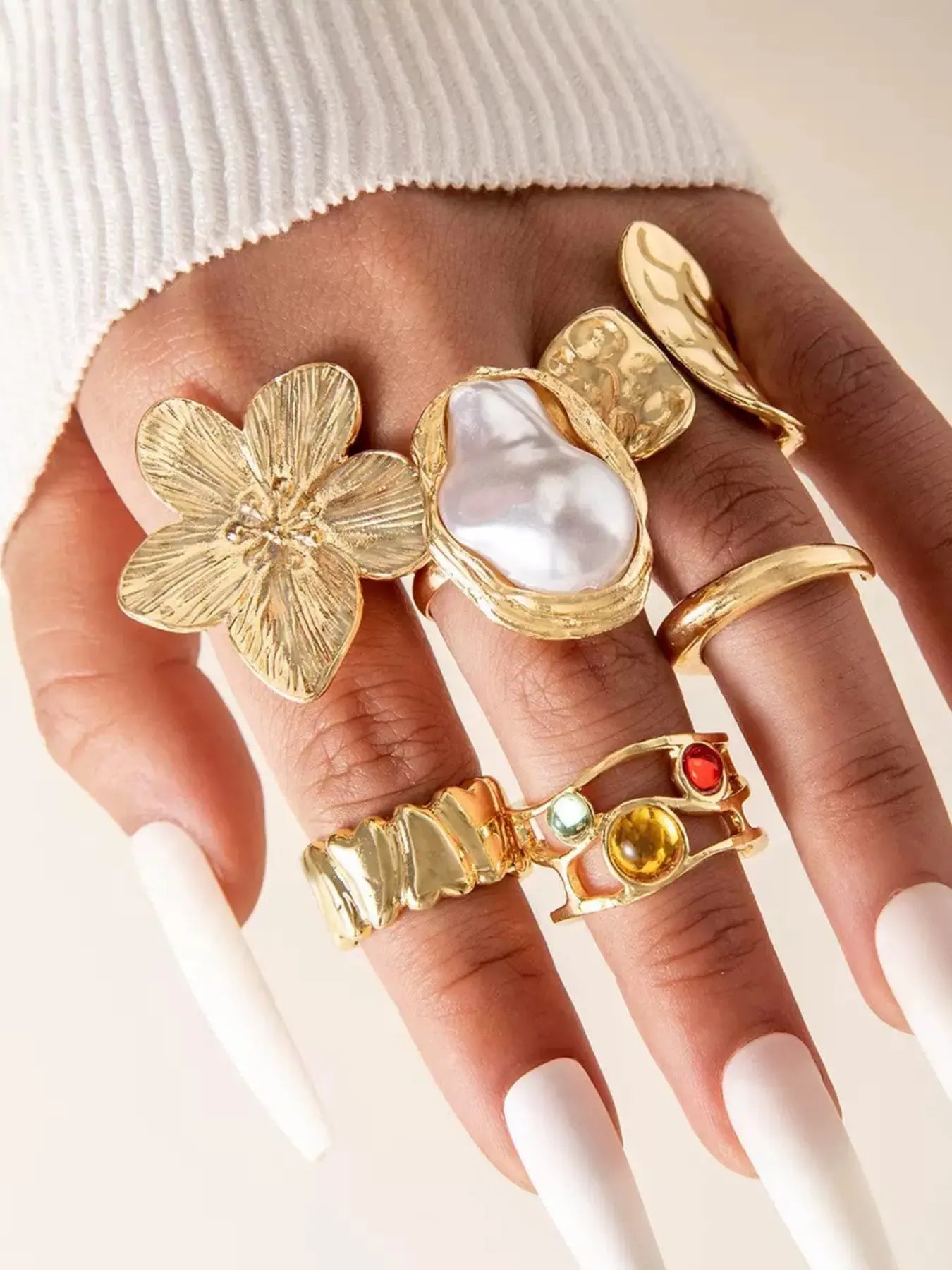 Mother's Day Gift Elegant Floral Imitation Pearl Ring Set, Zinc Alloy Wide Band Women's Rings, Statement Multi Ring, All-Season Jewelry Gift for Parties & Birthdays HNJZ0007