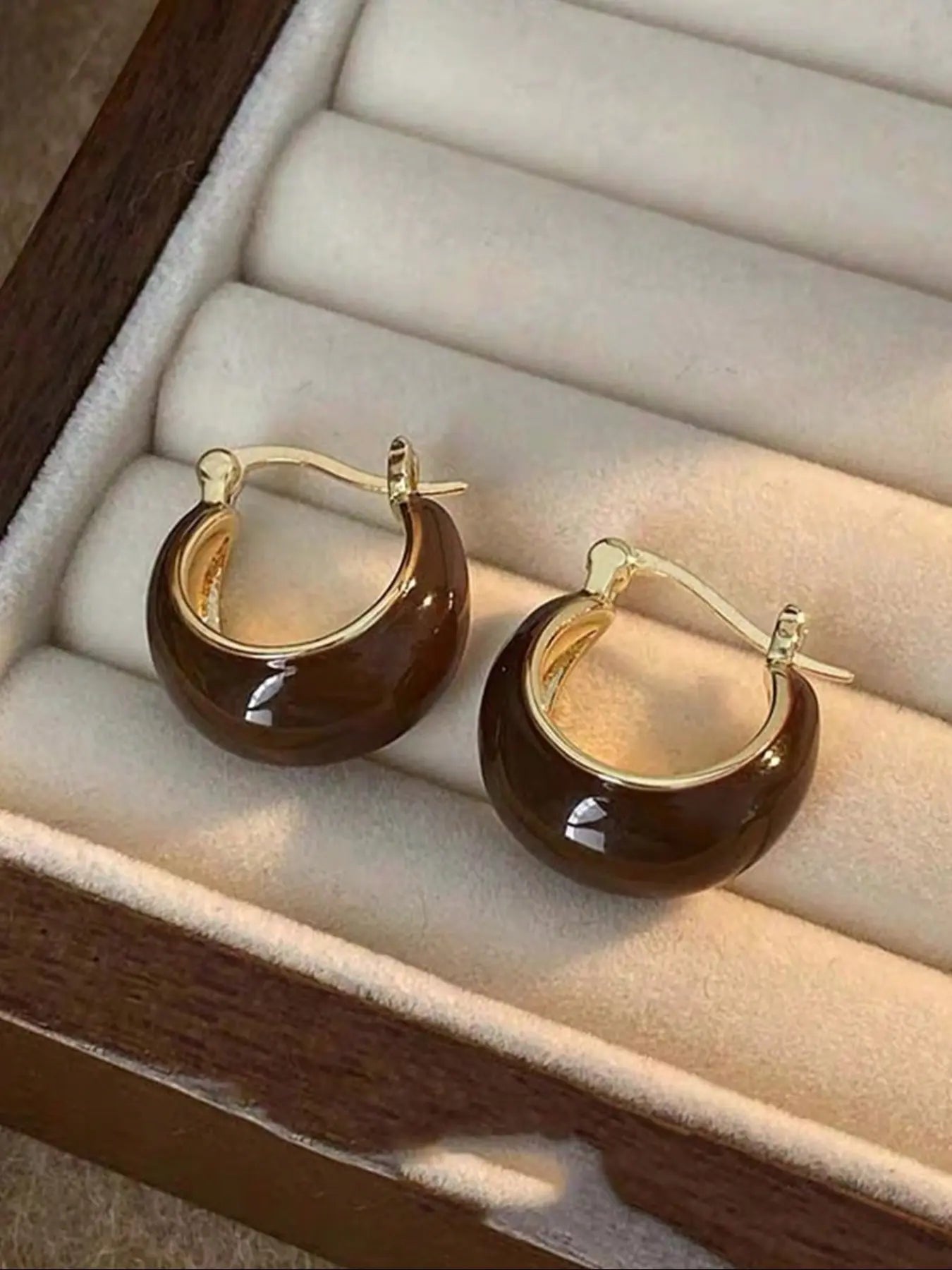 Brown Hoop Earrings - Synthetic Tiger Eye Beaded & Enamel Huggie Hoops, Vintage Earrings for Women, Daily & Party Jewelry HNEH0062