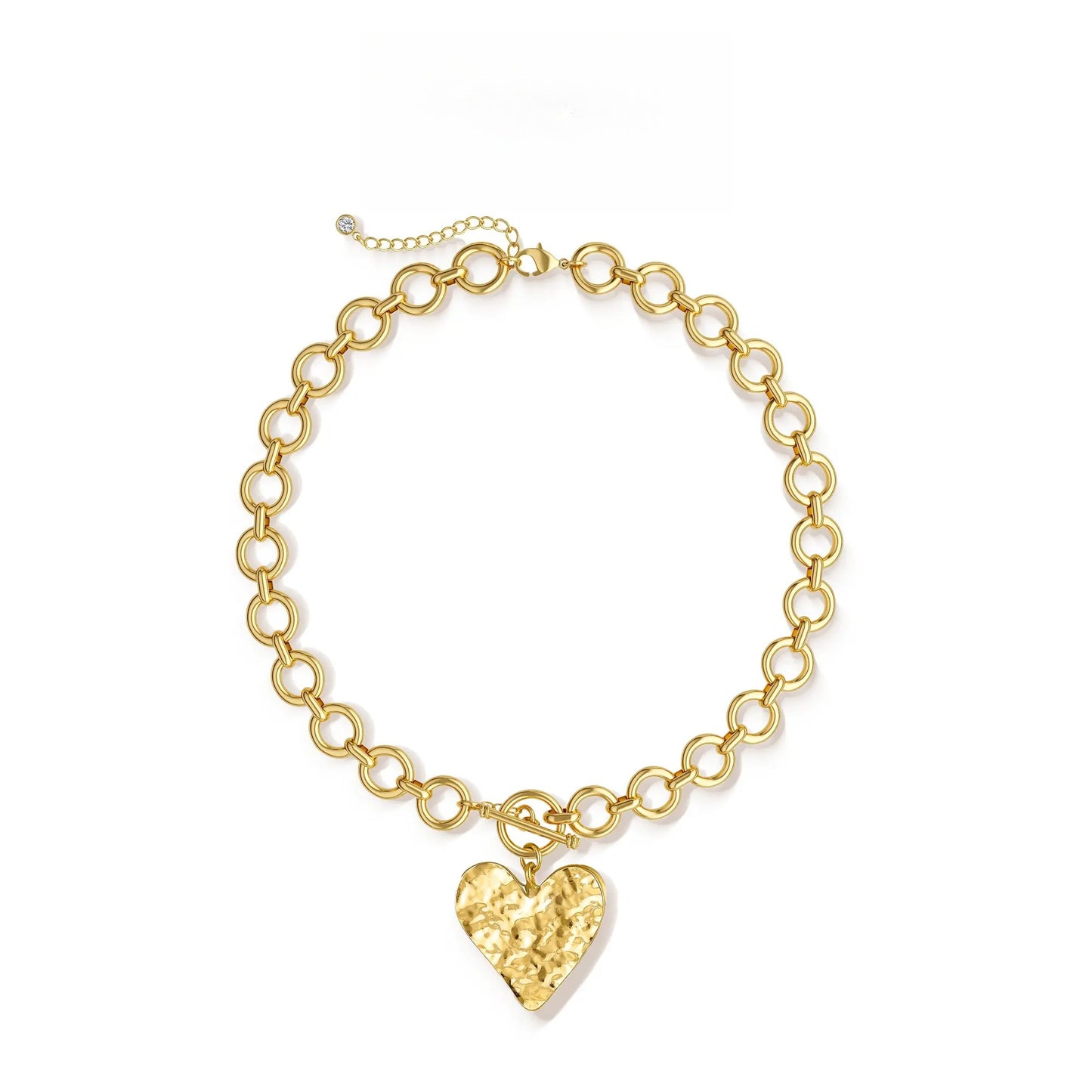 Gold Paperclip O-Link Chain Hammered Heart Pendant OT Clasp Necklace for Women For Valentine's Day Gift HNXL0013