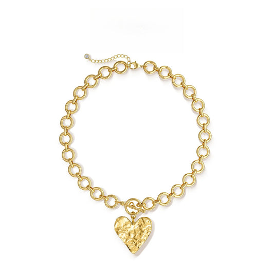 Gold Paperclip O-Link Chain Hammered Heart Pendant OT Clasp Necklace for Women For Valentine's Day Gift HNXL0013