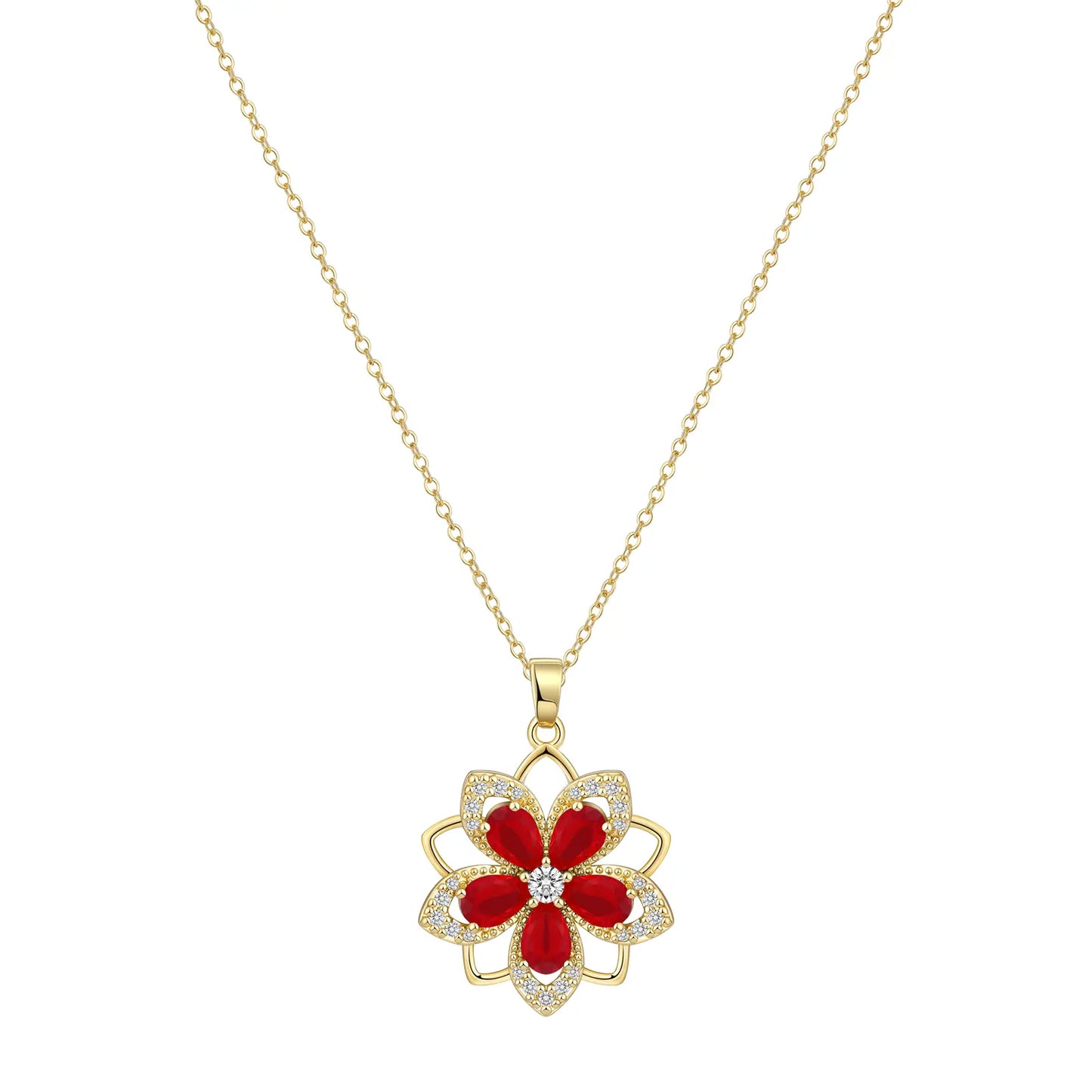 Birthstone Flower Necklace for Women 14K Gold Plated Dainty Decompression Necklace Rotatable Crystal Silver Blossom Pendant Necklaces Adjustable Spinning Fidget Necklaces Redbud Flower Choker Funny Summer Jewelry Gift for Women HNXL0023