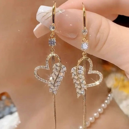 Luxury Lightweight Zircon Heart Earrings Versatile Long Tassel Drop Earrings Trendy New Exquisite Crafted Ear Accessories Fashionable HNEH0054