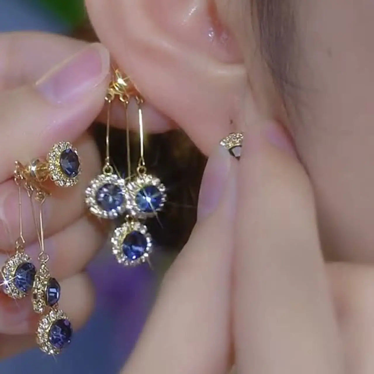 Blue Water Drop Earrings 14K Gold Plated Double-Wear French Style Stud Earrings, Elegant Drop Design Chic Statement Fashion Jewelry for Women HNEH0057