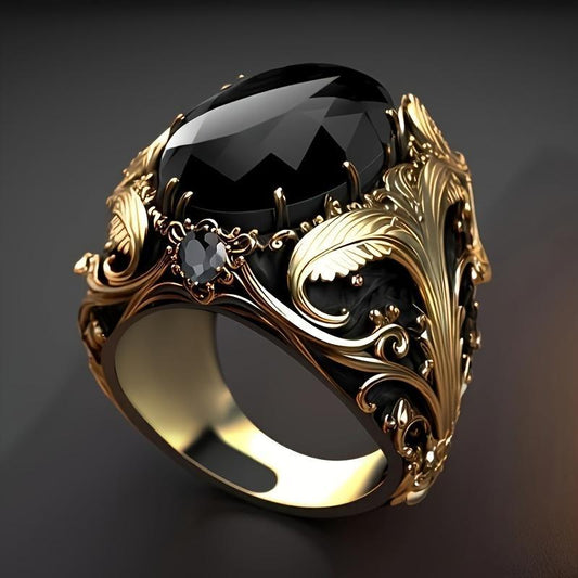 Vintage Men's Ring with Black Oval Artificial Gemstones, Copper Craft, Retro Gold Finish, Casual Daily Wear Ring, Perfect Gift for Men and Women HNJZ0016