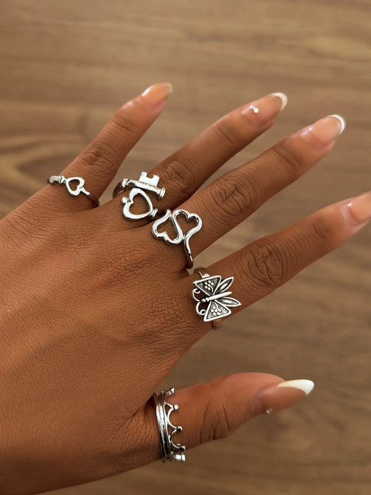 Mother's Day Gift Women's Fashion Jewelry Set, Heart Key Butterfly Design Rings, Dainty Stacking Rings, Stackable Rings, Adjustable Rings, Perfect Gift for Women HNJZ0008