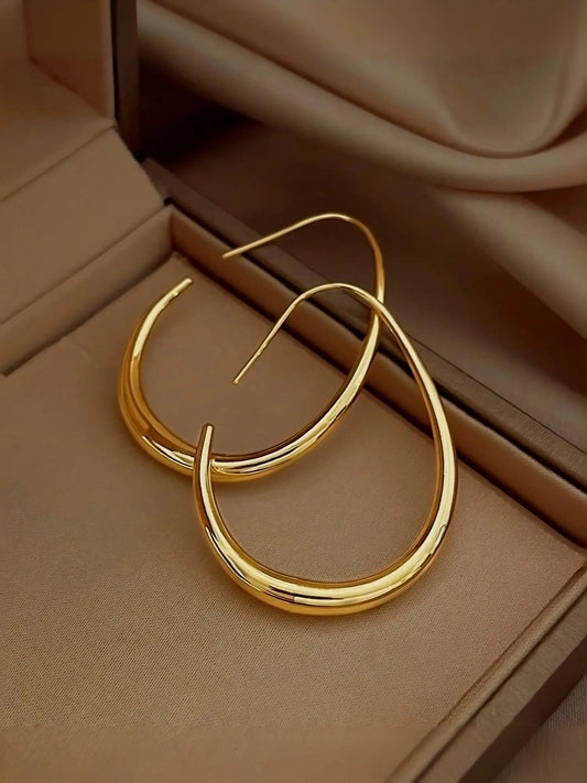 Hypoallergenic Lightweight Earrings for Women, 18K Real Gold Plated Brass Large Oval Pull Through Earrings, High Polished Comfortable Statement Jewelry Gift for Women, Hoop Shape Earrings, Hoop Earrings HNEH0025
