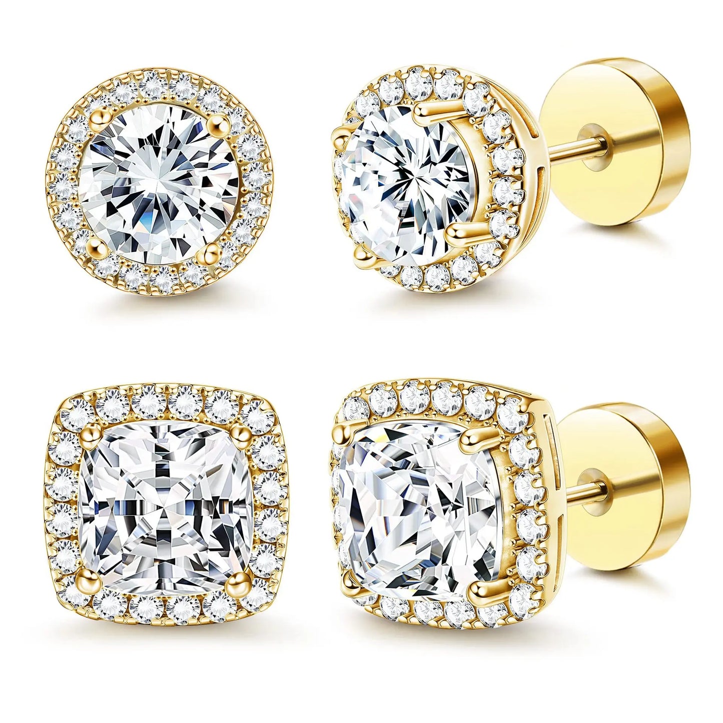 Women's Luxury Halo Zircon Stud Earrings 4-Piece Set - Gold, Silver Round/Square Styles, Low-Sensitivity Copper-Plated Metal Coating, Comfortable Daily Wear, Includes Jewelry Box, Boujee Gifts for Women HNEH0023
