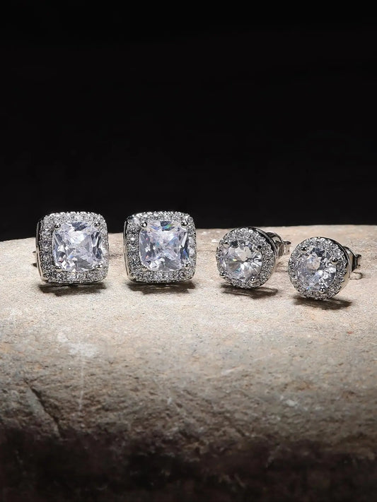 Stainless Steel Cubic Zirconia Stud Earrings for Women & Men, Studs Earrings, 6 Pairs Set, Halo Design, Round & Square Shapes, Elegant Jewelry Gift HNEH0015