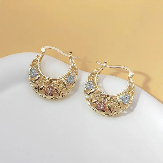 14K Gold Plated Tri-Color Flower Filigree Hoop Earrings, Vintage Statement Earrings for Women, Daily Wear Jewelry HNEH0065