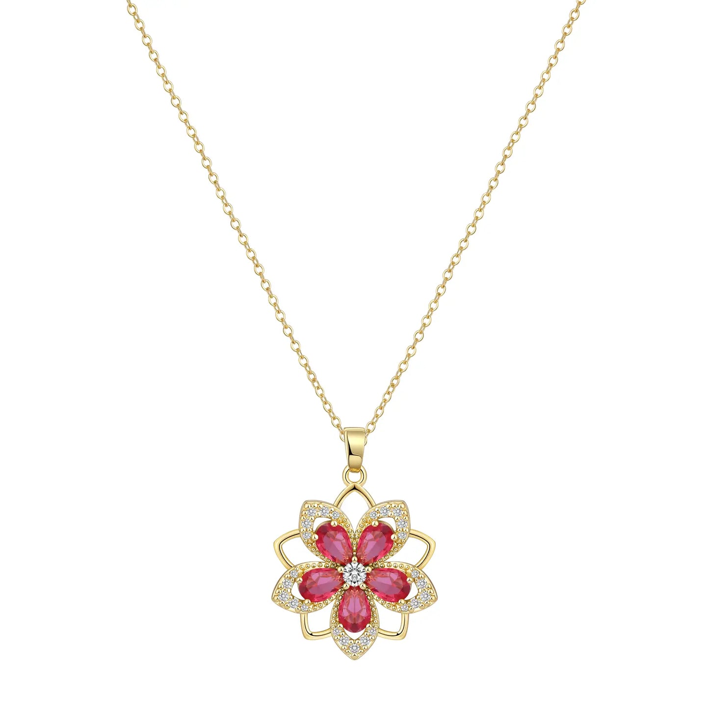 Birthstone Flower Necklace for Women 14K Gold Plated Dainty Decompression Necklace Rotatable Crystal Silver Blossom Pendant Necklaces Adjustable Spinning Fidget Necklaces Redbud Flower Choker Funny Summer Jewelry Gift for Women HNXL0023