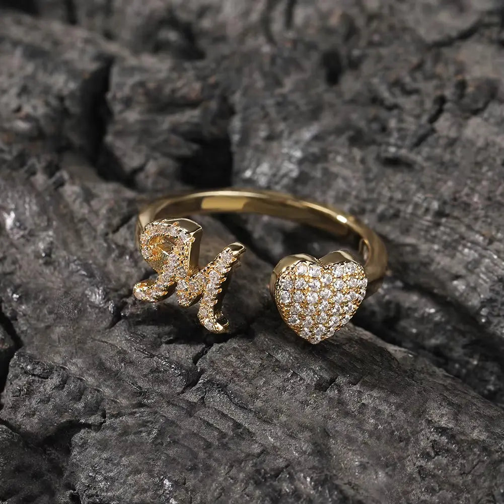 Initial Ring for Women, 14k Gold Plate Heart&Letter Rings Open Adjustable Trendy Rings Jewelry Gifts Size 6-10 HNJZ0031