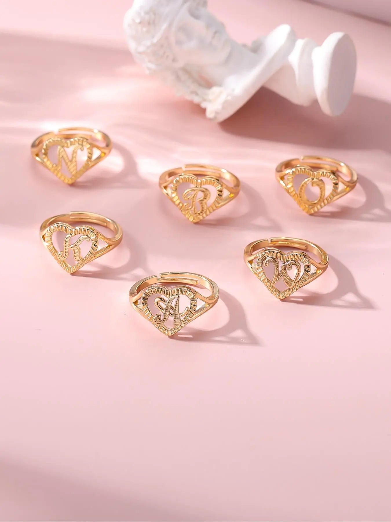 Heart & Letter Design Cuff Ring, Adjustable Open Ring, Adjustable Opening Stackable Ring Gift for Women & Girls, Alphabet Design Ring HNJZ0041