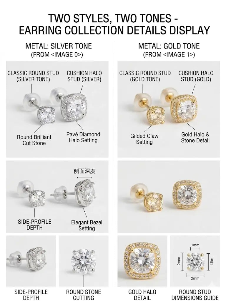 Women's Luxury Halo Zircon Stud Earrings 4-Piece Set - Gold, Silver Round/Square Styles, Low-Sensitivity Copper-Plated Metal Coating, Comfortable Daily Wear, Includes Jewelry Box, Boujee Gifts for Women HNEH0023