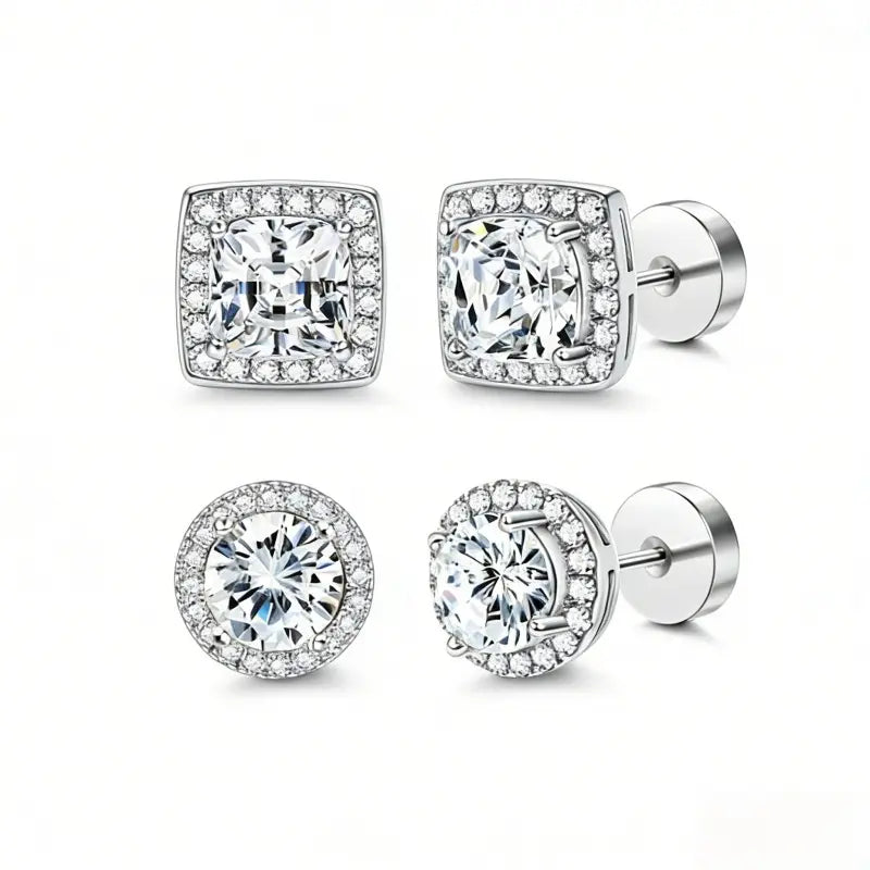 Women's Luxury Halo Zircon Stud Earrings 4-Piece Set - Gold, Silver Round/Square Styles, Low-Sensitivity Copper-Plated Metal Coating, Comfortable Daily Wear, Includes Jewelry Box, Boujee Gifts for Women HNEH0023