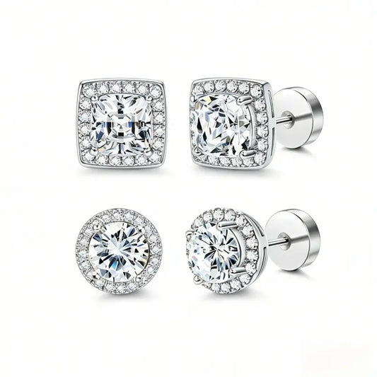 Women's Luxury Halo Zircon Stud Earrings 4-Piece Set - Gold, Silver Round/Square Styles, Low-Sensitivity Copper-Plated Metal Coating, Comfortable Daily Wear, Includes Jewelry Box, Boujee Gifts for Women HNEH0023