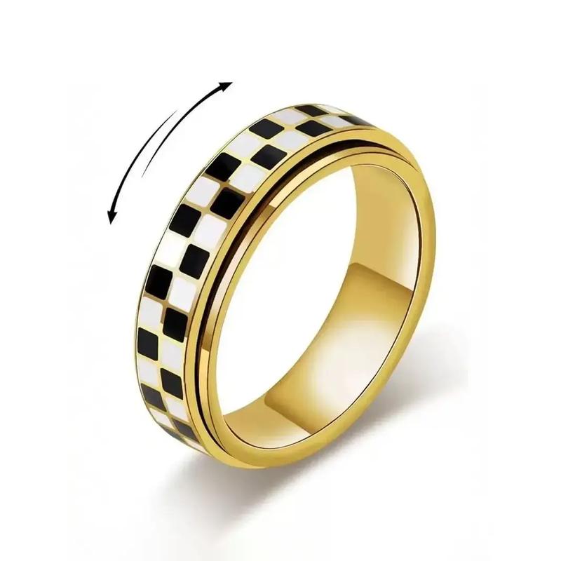 Checkered Fidget Ring for Adults, 18K Gold-Plated Stainless Steel, Stress Relief Accessory with Fashionable Geometric Design, Ideal Gift HNJZ0029