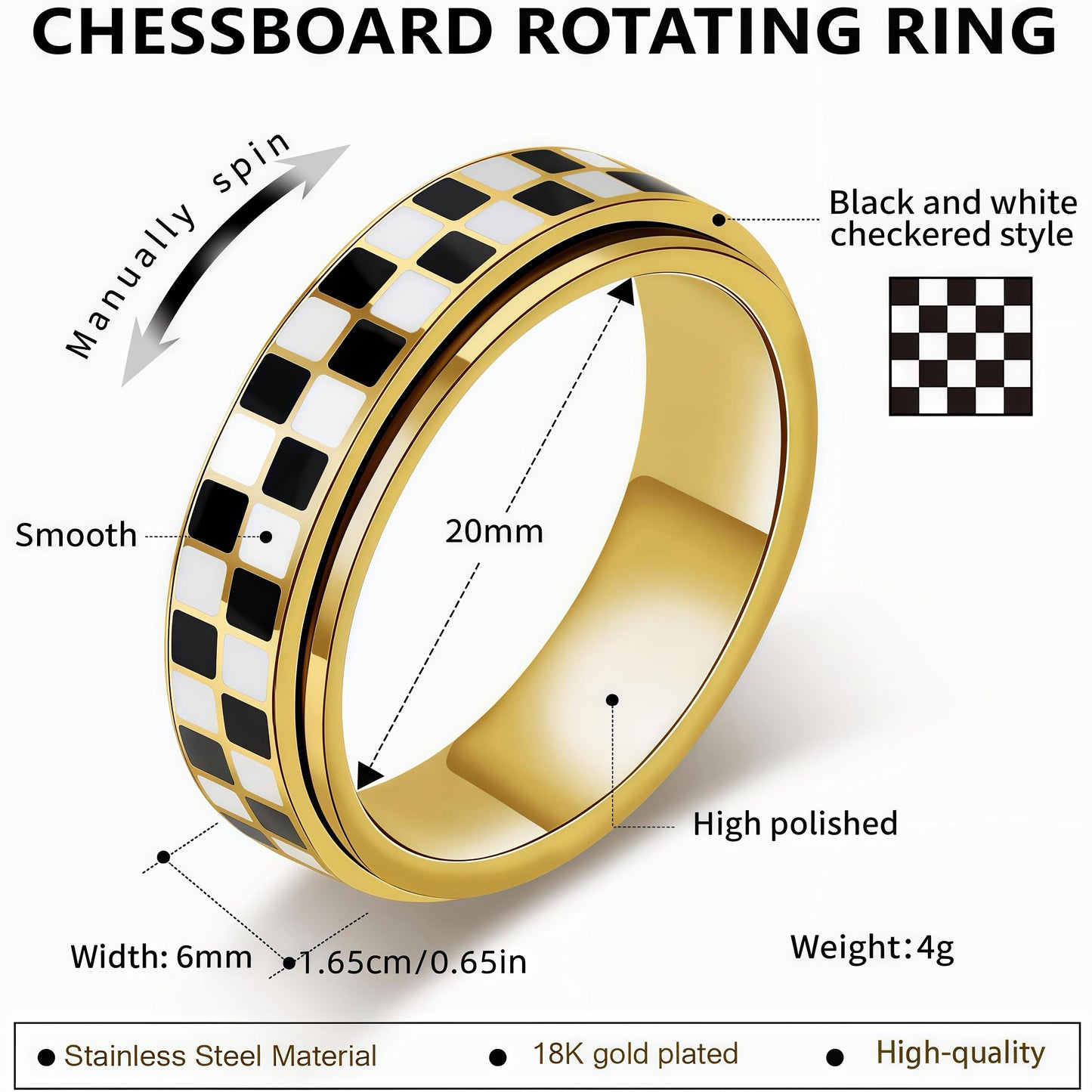 Checkered Fidget Ring for Adults, 18K Gold-Plated Stainless Steel, Stress Relief Accessory with Fashionable Geometric Design, Ideal Gift HNJZ0029