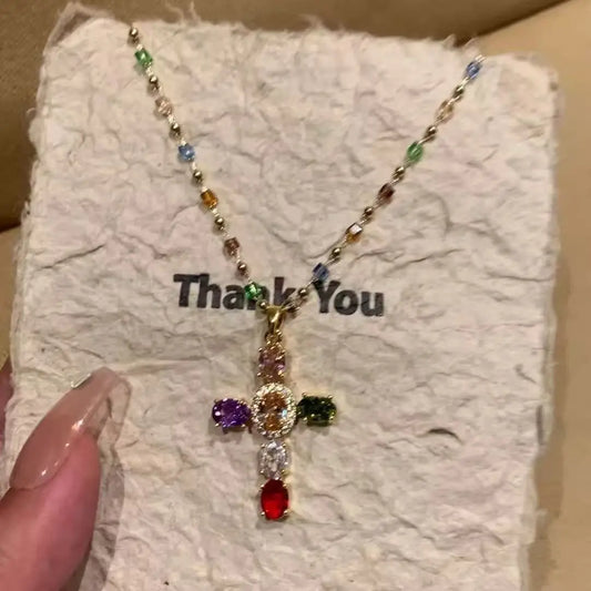 Super Sparkly Colorful Zircon Cross Necklace Sweet Cool Style Unique Design Personalized Collarbone Chain for Women HNXL0004
