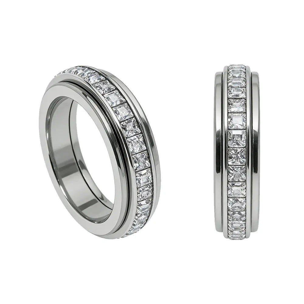 Anxiety Rings for Women and Men Titanium Steel Spinner Fidget Band Rings with Cubic Zirconia for Stress Relief and Wedding Promise Comfort Fit Size 5 to 12 HNJZ0012
