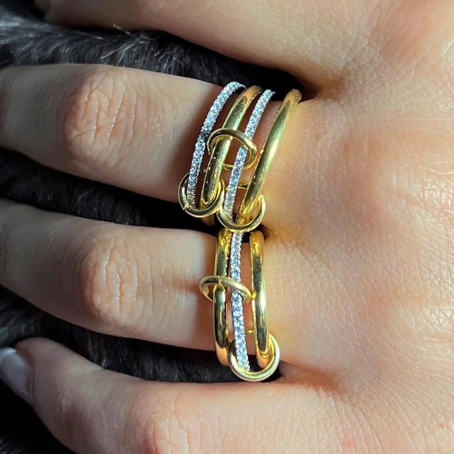 Gold  Interlocked Stackable Rings for Women - Statement Multi Ring Mixed Metals Stack - Cubic Zirconia Two-Toned Stacking Jewelry HNJZ0055