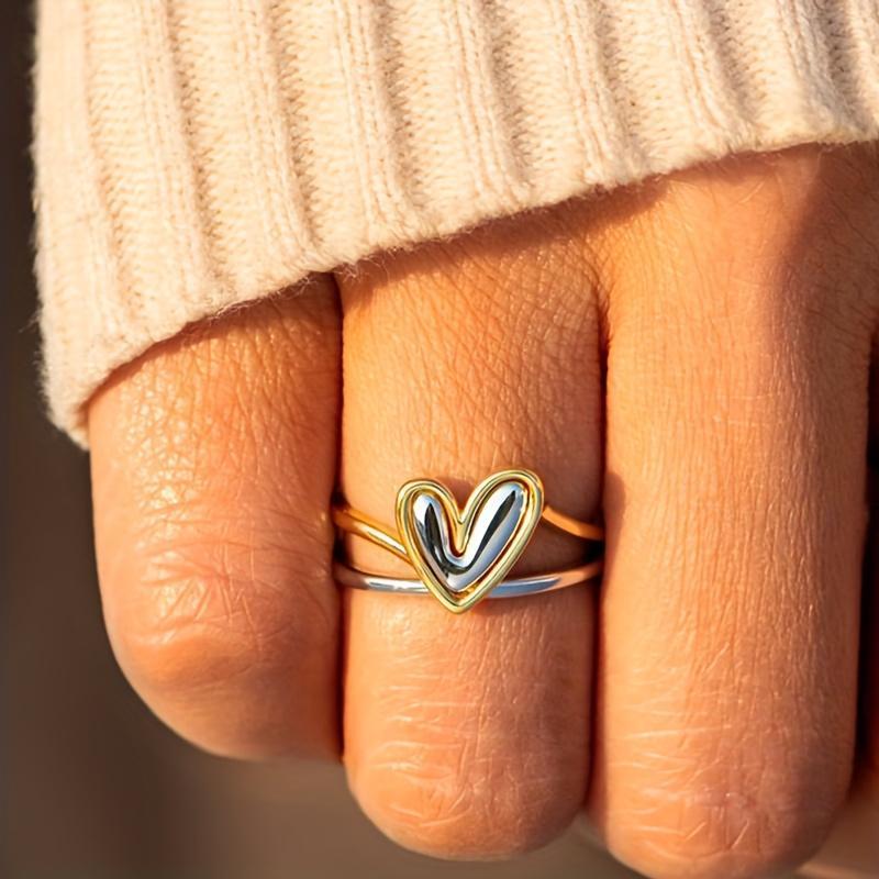 Minimalist Asymmetric Two-Tone Heart Ring for Women, Creative Stylish Casual Daily Accessory, Perfect Valentine's Day Gift HNJZ0013
