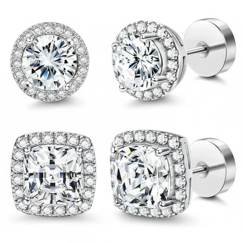 Women's Luxury Halo Zircon Stud Earrings 4-Piece Set - Gold, Silver Round/Square Styles, Low-Sensitivity Copper-Plated Metal Coating, Comfortable Daily Wear, Includes Jewelry Box, Boujee Gifts for Women HNEH0023
